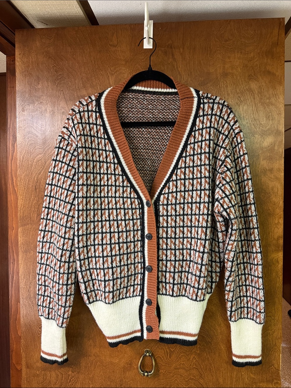 Textured Knit Button-Up Cardigan in Rust, Cream & Black